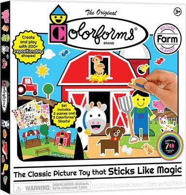 A cute and vibrant Colorforms farm set including a cow chicken and other farm animals.