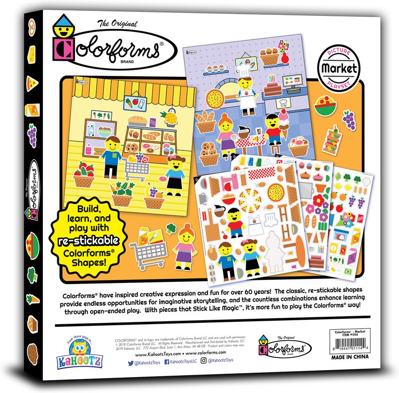 Colorforms market setup displayed with 2 scenes and +140 different reusable stickers.