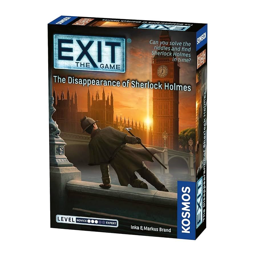 The front of the Exit The Disappearance of Sherlock Holmes game, with a drawing of Sherlock hopping into the fountain.