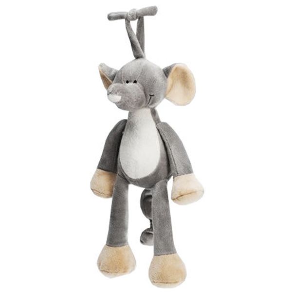 A cute plush elephant that plays Mozarts Lullaby when its tail is pulled.