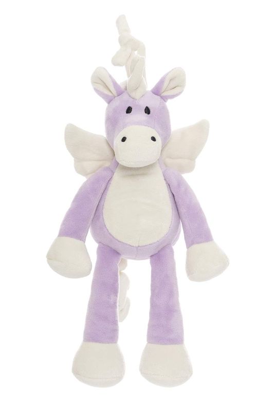 A cute purple unicorn with wings that plays Mozarts lullaby.