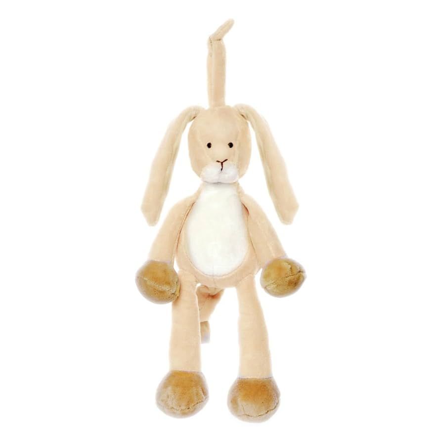 A cute plush soft brown bunny that plays mozarts lullaby when its tail is pulled.