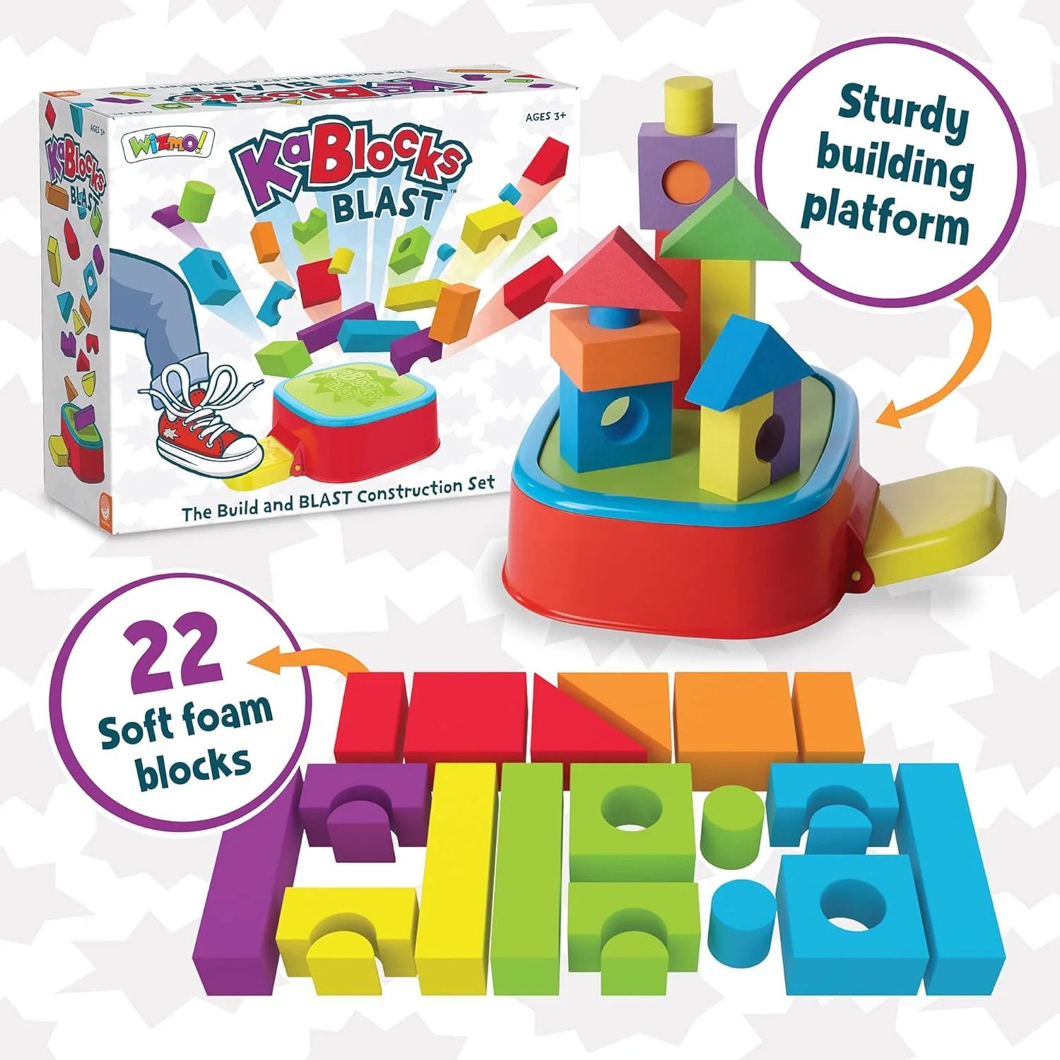 Kablocks blast game for kids, showing the 22 soft foam blocks and sturdy building platform that&#39;s included.