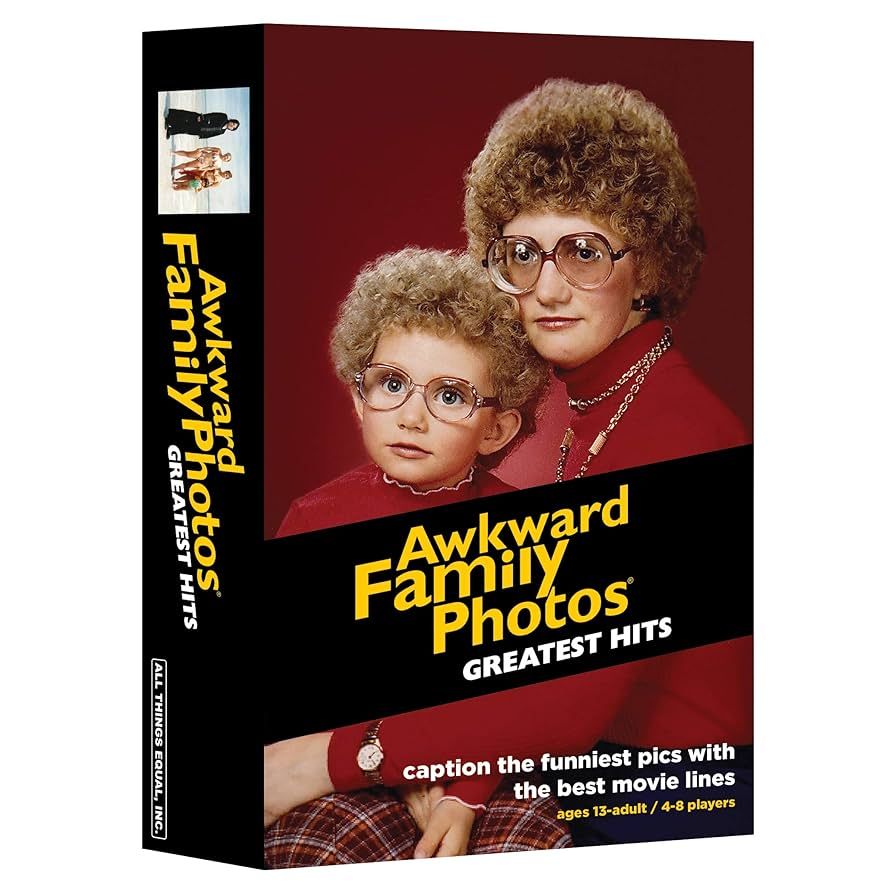 The front of the Awkward Family Photos board game, with a great photo of a matching mother and daughter duo.