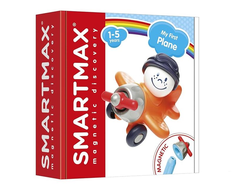 The front of a SmartMax My First Plane box, with a cute orange color and a smiling pilot.