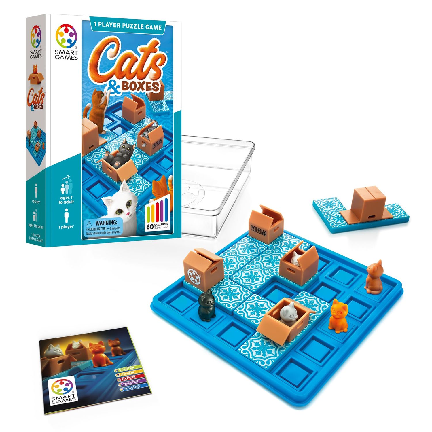 A cute blue board game with small boxes and cats.