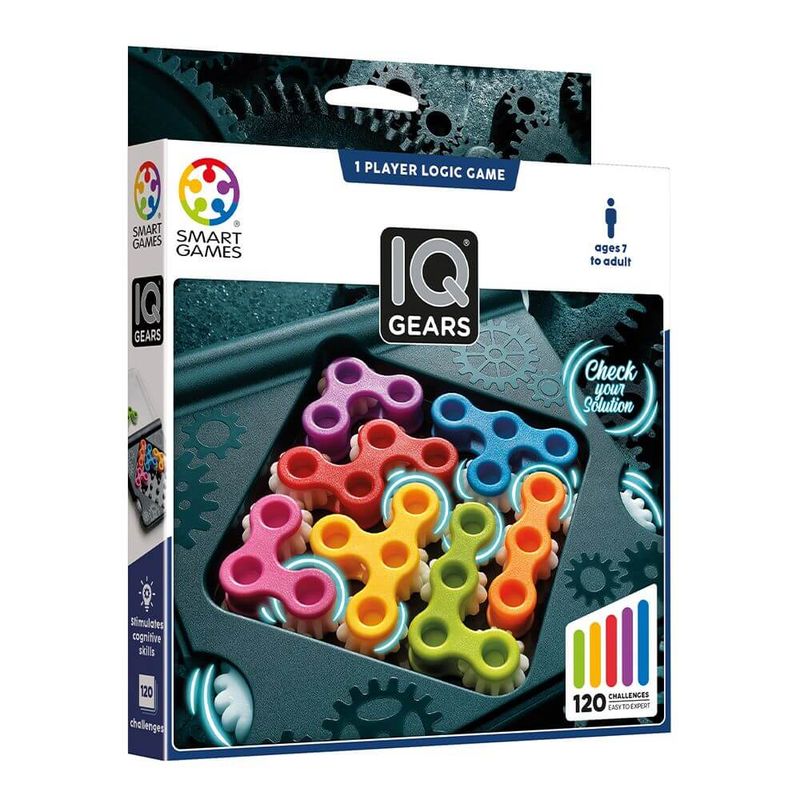 An IQ Gears box, with a colorful picture of the board game on the front.