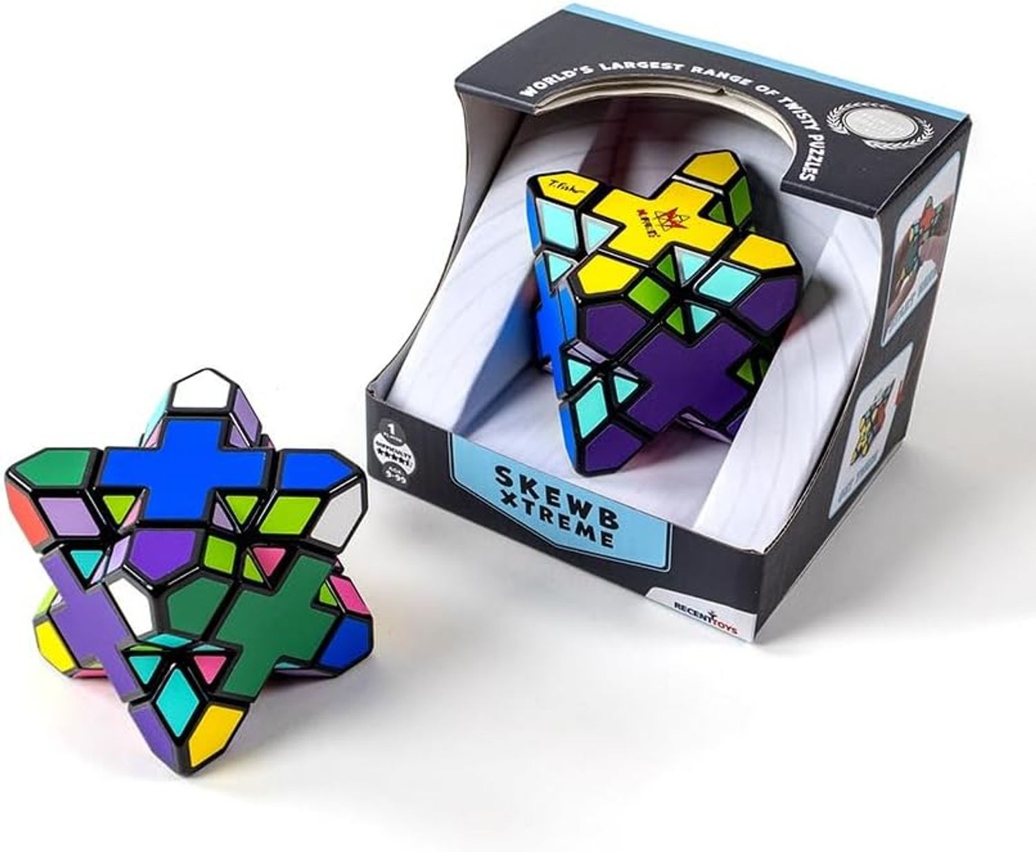 A box containing a game that&#39;s similar to a Rubiks Cube but it has an X in the middle of it to make it more challenging.
