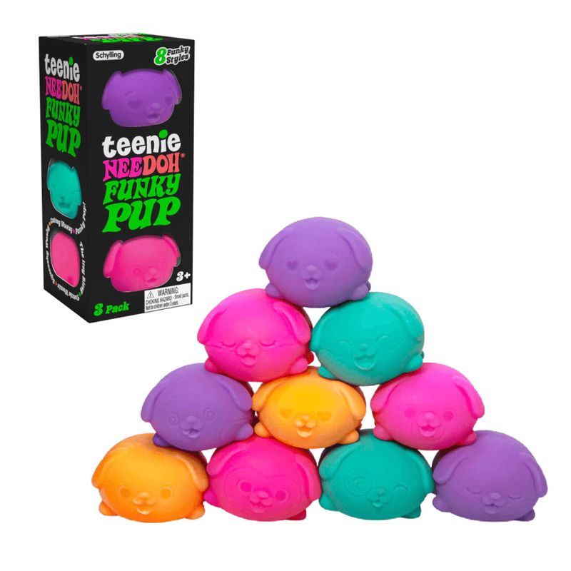 A variety of small nee doh funky pups showing you all of the options you can get when you get a three pack of fidgets.