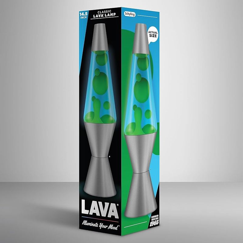 A picture of a green and blue lava lamp in the box.