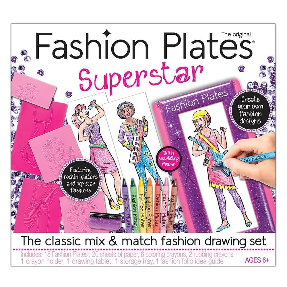 A super stylish superstar fashion plates kit with pink and purple accent colors.