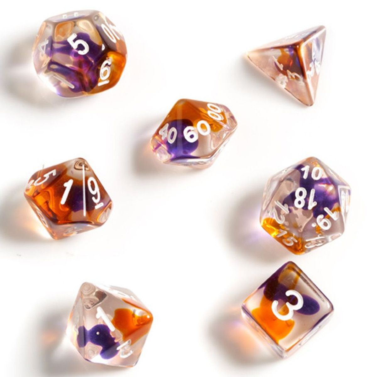 Dice - 7 Set Purple, Orange, Clear
