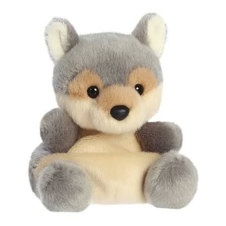 Palm Pals Lucian Wolf is a small round gray wolf with brown accents and cute pointed ears.