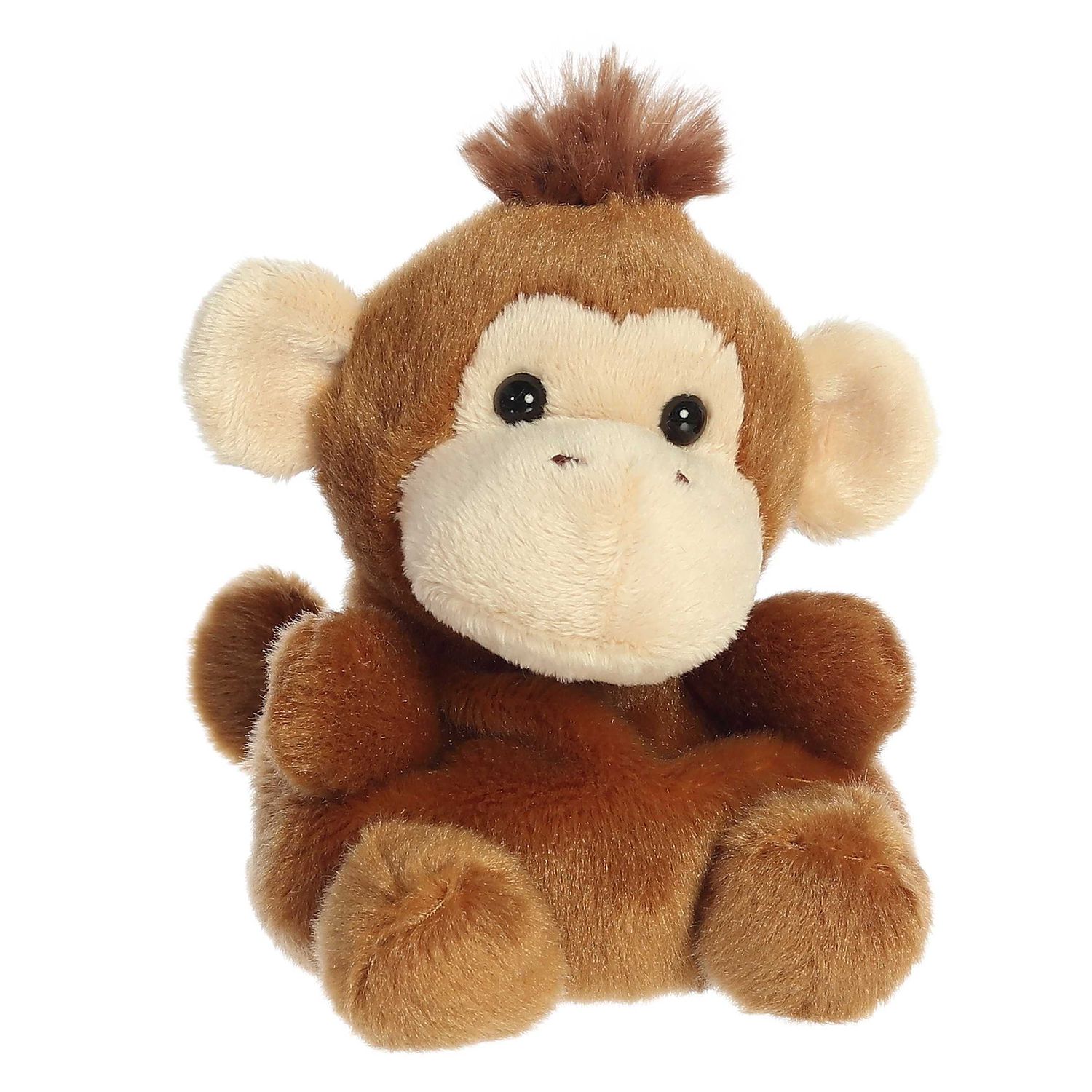 Small light brown monkey stuffed animal with cute big ears and a round body with a cute tuft of hair on top.