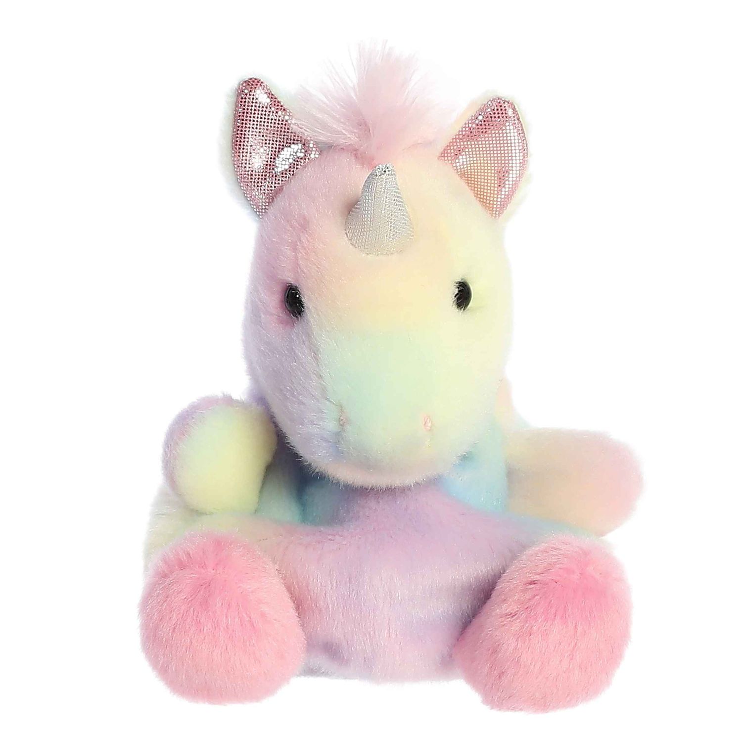 a small and round stuffed unicorn with glittery ears and cute colorful pastel fur,