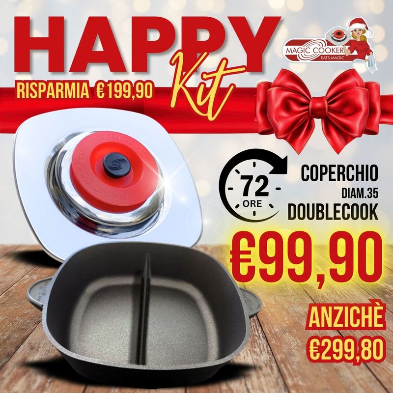 Happy Kit Coperchio Quatondo Diam.35 Acciaio 18/10 + DOUBLECOOK - Magic Cooker