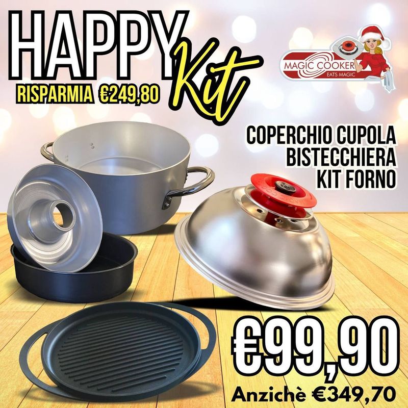 HAPPY KIT Coperchio Coperchio Cupola Acciaio 18/10 + Kit Forno + Bistecchiera -  Magic Cooker