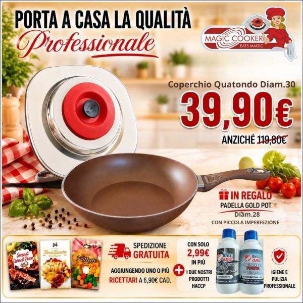 COPERCHIO QUATONDO Ø30 MAGIC COOKER + SALTAPASTA 1 MANICO CM 28 GOLD POT PICCOLE IMPERFEZIONI COPERCHIO QUATONDO Ø30 MAGIC COOKER + SALTAPASTA 1 MANICO CM 28 GOLD POT PICCOLE IMPERFEZIONI