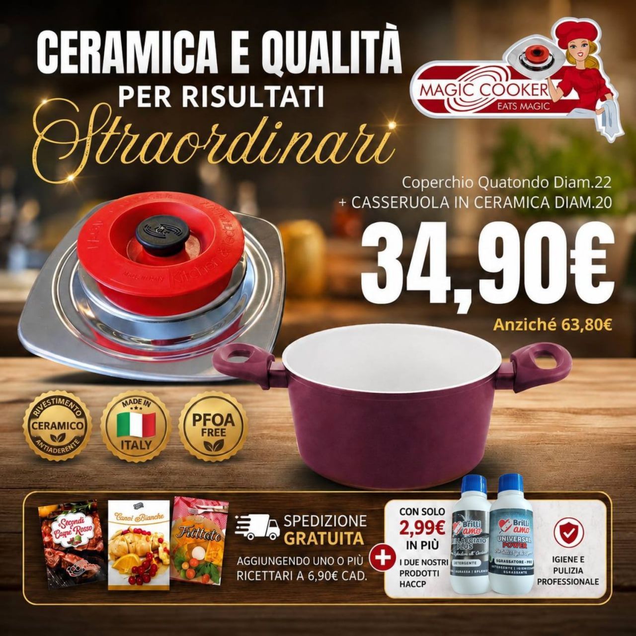 Kit Coperchio Quatondo Diam.22 + Casseruola in Ceramica Diam.20