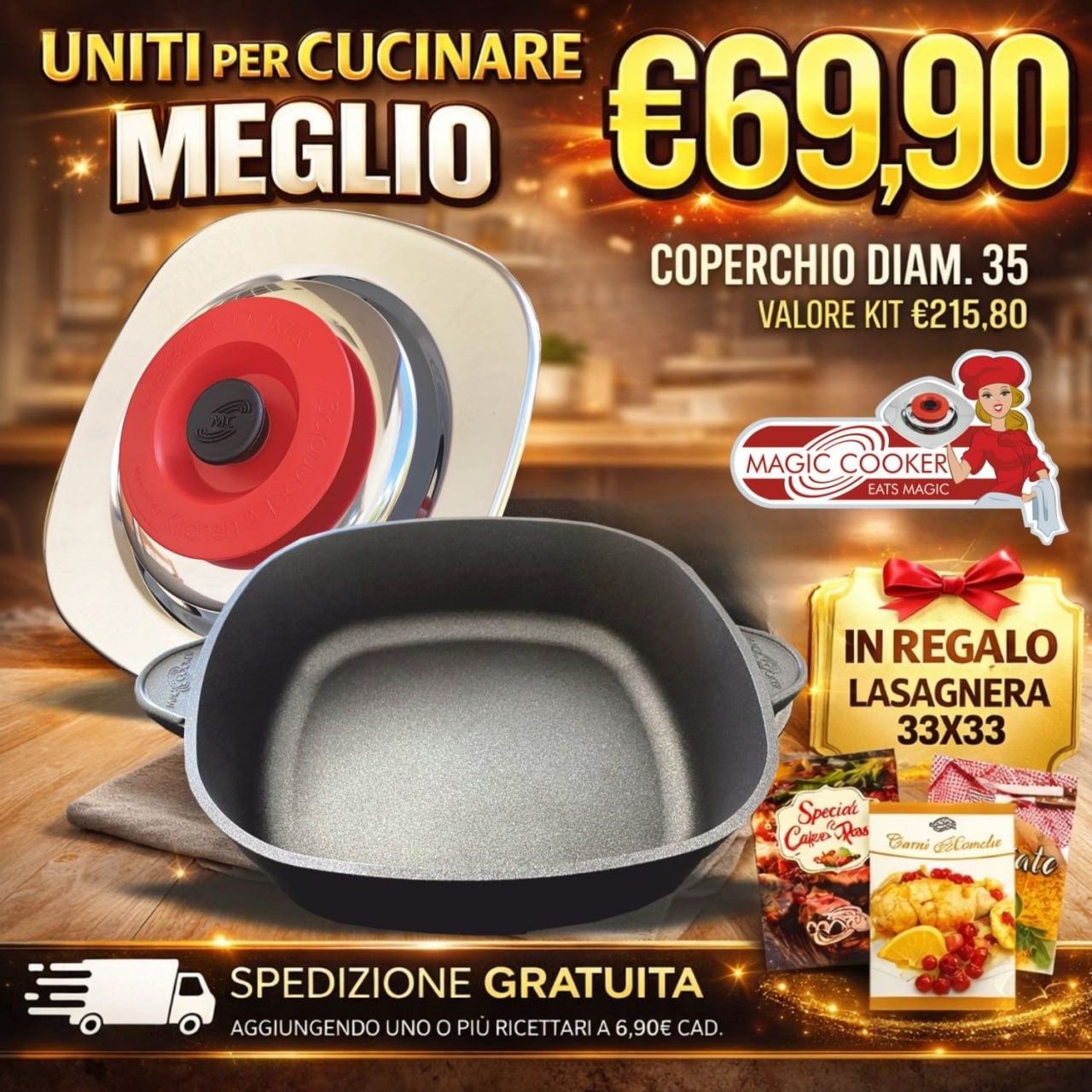 Kit Coperchio Diam.35 Quatondo in Acciaio 18/10 + Lasagnera 33x33 - Magic Cooker