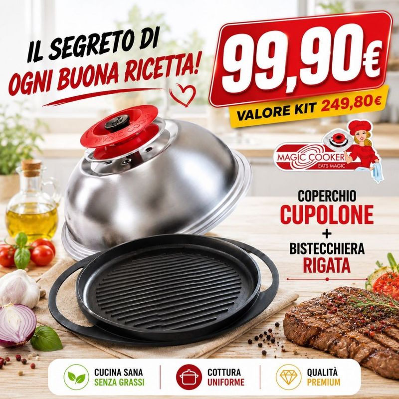 Coperchio CUPOLA in Acciaio 18/10 + Bistecchiera Rigata