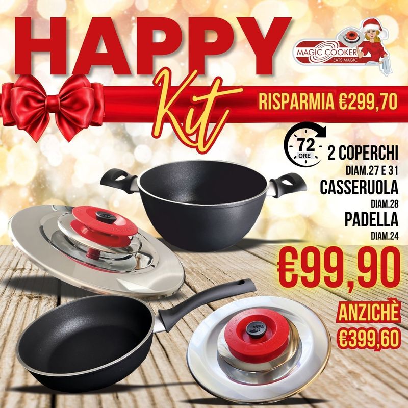 Happy Kit 2 Coperchi Tondi Diam.27 e 31 in Acciaio 18/10 + Padella Diam.24 + Casseruola Diam.28- Magic Cooker