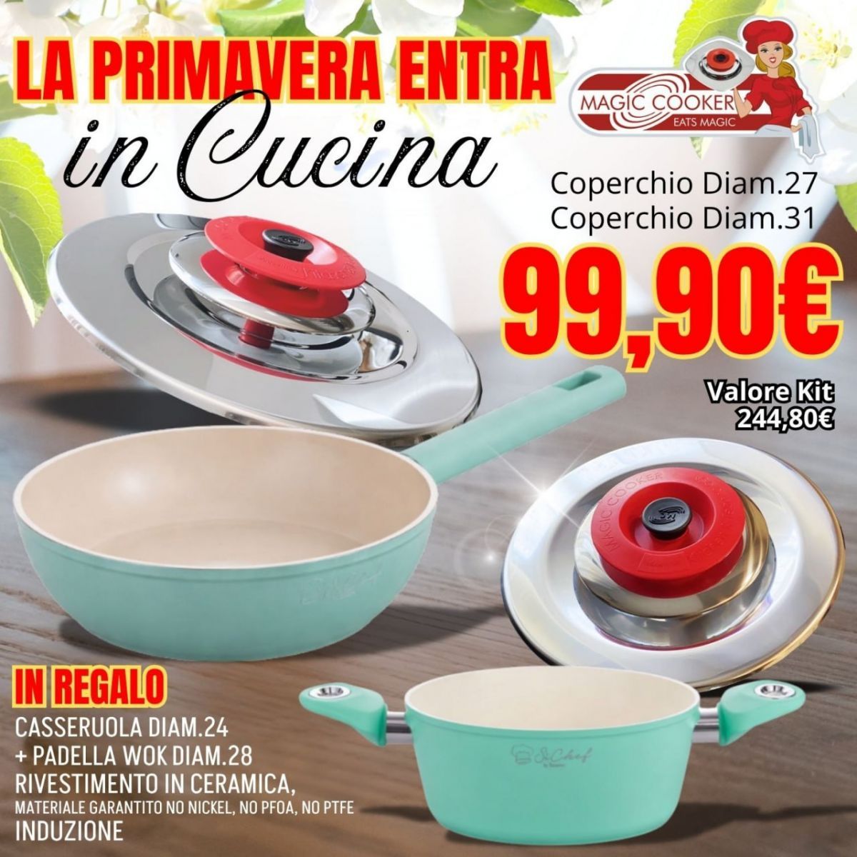 Set Coperchi Diam. 27 e 31 + IN REGALO Casseruola Diam.24 + Padella Wok Diam. 28