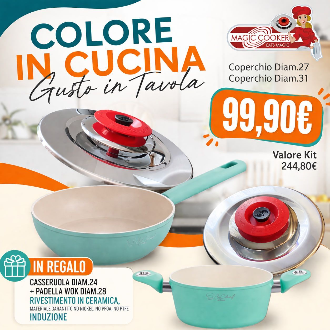 Set Coperchi Diam. 27 e 31 + IN REGALO Casseruola Diam.24 + Padella Wok Diam. 28 Set Coperchi Diam. 27 e 31 + IN REGALO Casseruola Diam.24 + Padella Wok Diam. 28