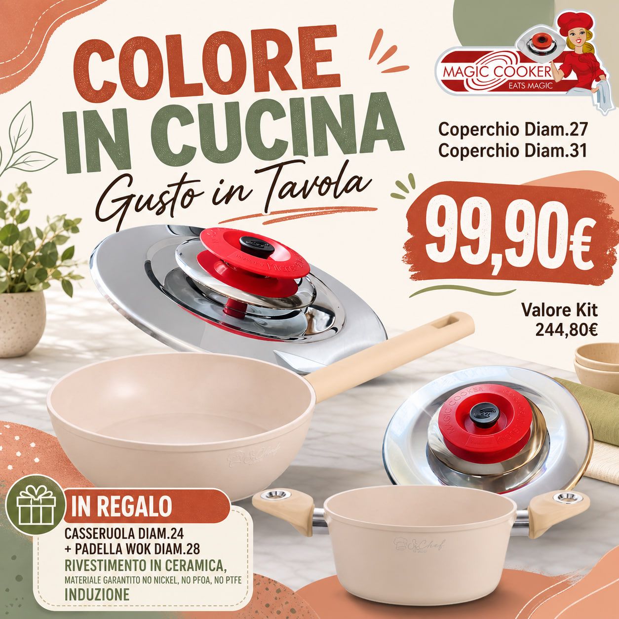 Set Coperchi Diam. 27 e 31 + IN REGALO Casseruola Diam.24 + Padella Wok Diam. 28