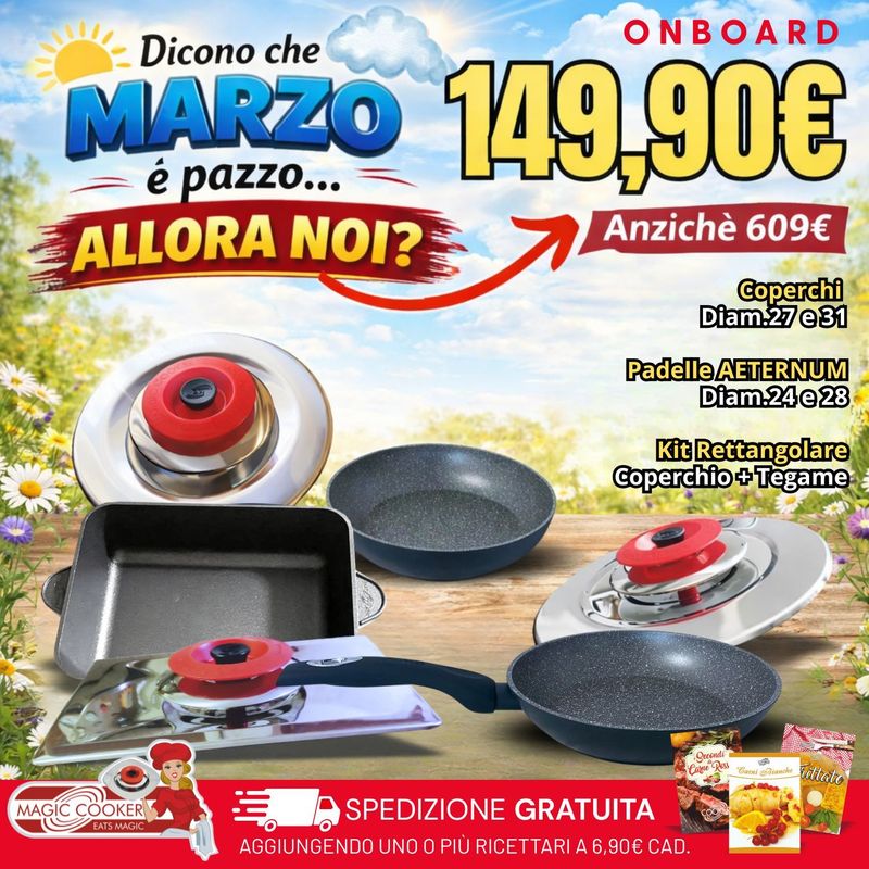 Kit Magic Cooker Coperchi Diam.31 e 27 + Coperchio Rettangolare + Lasagnera + PADELLE AETERNUM DIAM. 24 - 28 CM Kit Magic Cooker Coperchi Diam.31 e 27 + Coperchio Rettangolare + Lasagnera + PADELLE AETERNUM DIAM. 24 - 28 CM