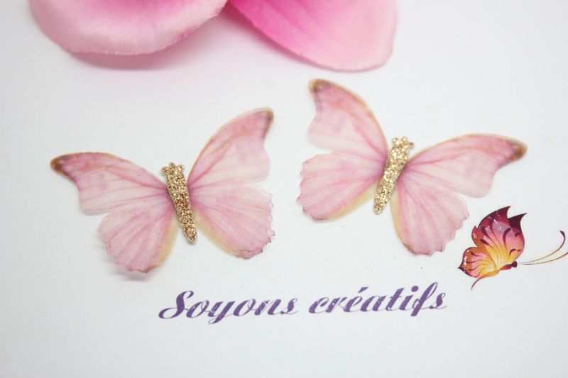 2 papillons organza rose 50x35mm -creation bijoux-