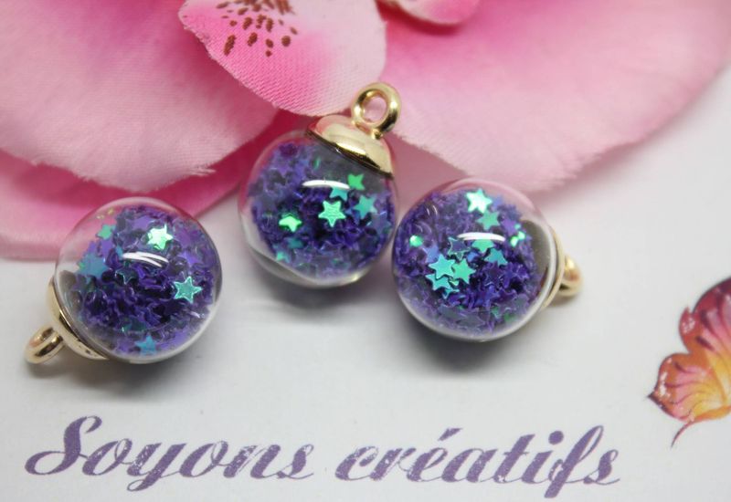 5 pendentifs globe en verre dore etoiles violet -22x16mm-B0087805