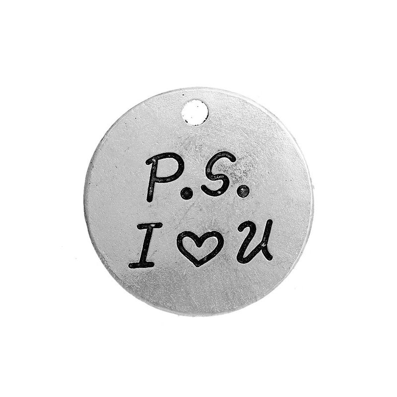 10 breloques charm argente rond "ps i love you" 30mm- creation bi