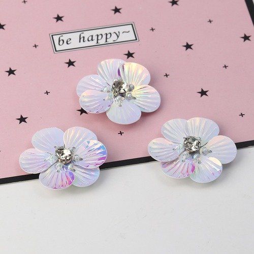 2 appliques fleurs blanc parme paillettes  32mm - scrapbooking -