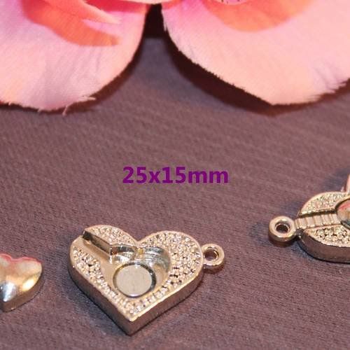 2 fermoirs magnetique coeur argente 25x15mm