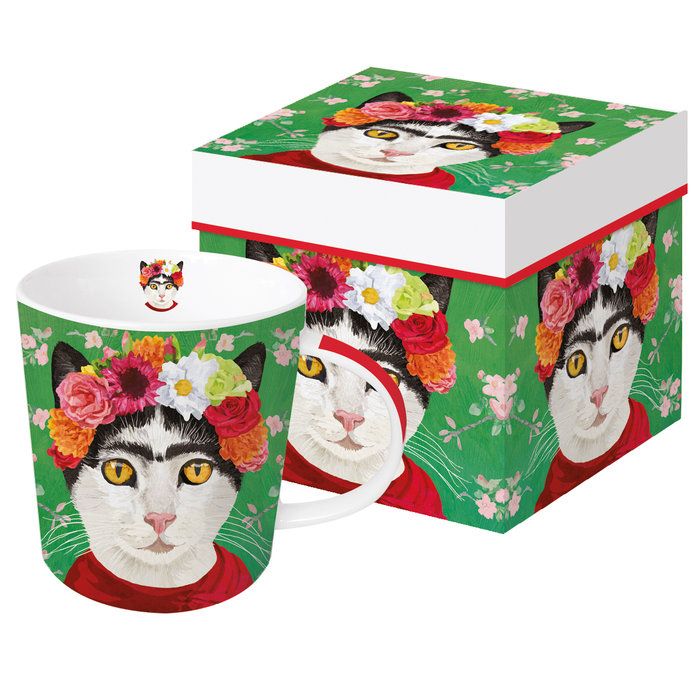TAZA FRIDA KAHLO CAT FLOWERS + CAJA REGALO