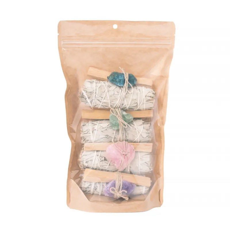 Sage, Rough Crystals &amp; Palo Santo 4 Pack Bundle