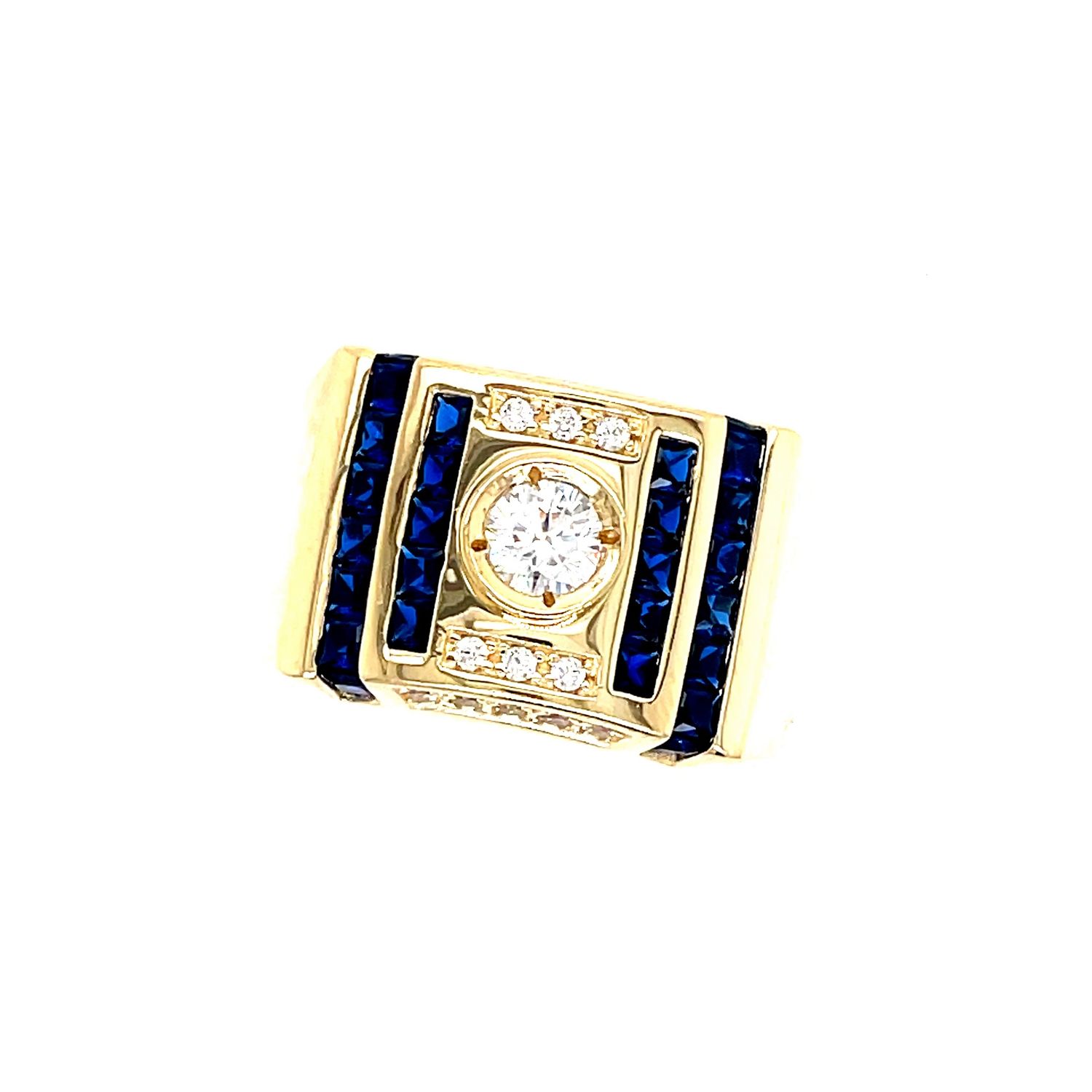 Men’s Ring with White & Blue Cubic Zirconia Stone 14 KT Yellow Gold