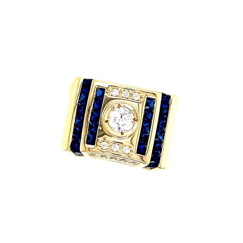 Men’s Ring with White & Blue Cubic Zirconia Stone 14 KT Yellow Gold
