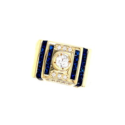 Men’s Ring with White & Blue Cubic Zirconia Stone 14 KT Yellow Gold