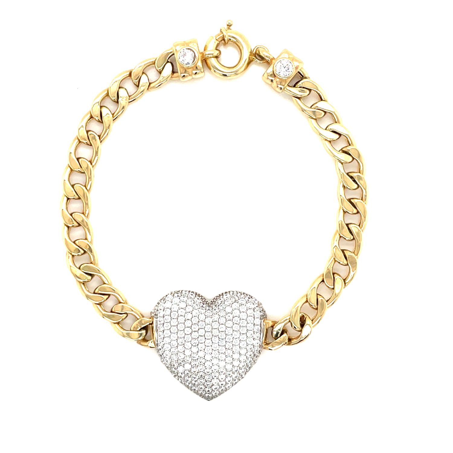 14kt Yellow Gold Women's Heart Bracelet with Cubic Zirconia Stone and Spring  Ring Clasp