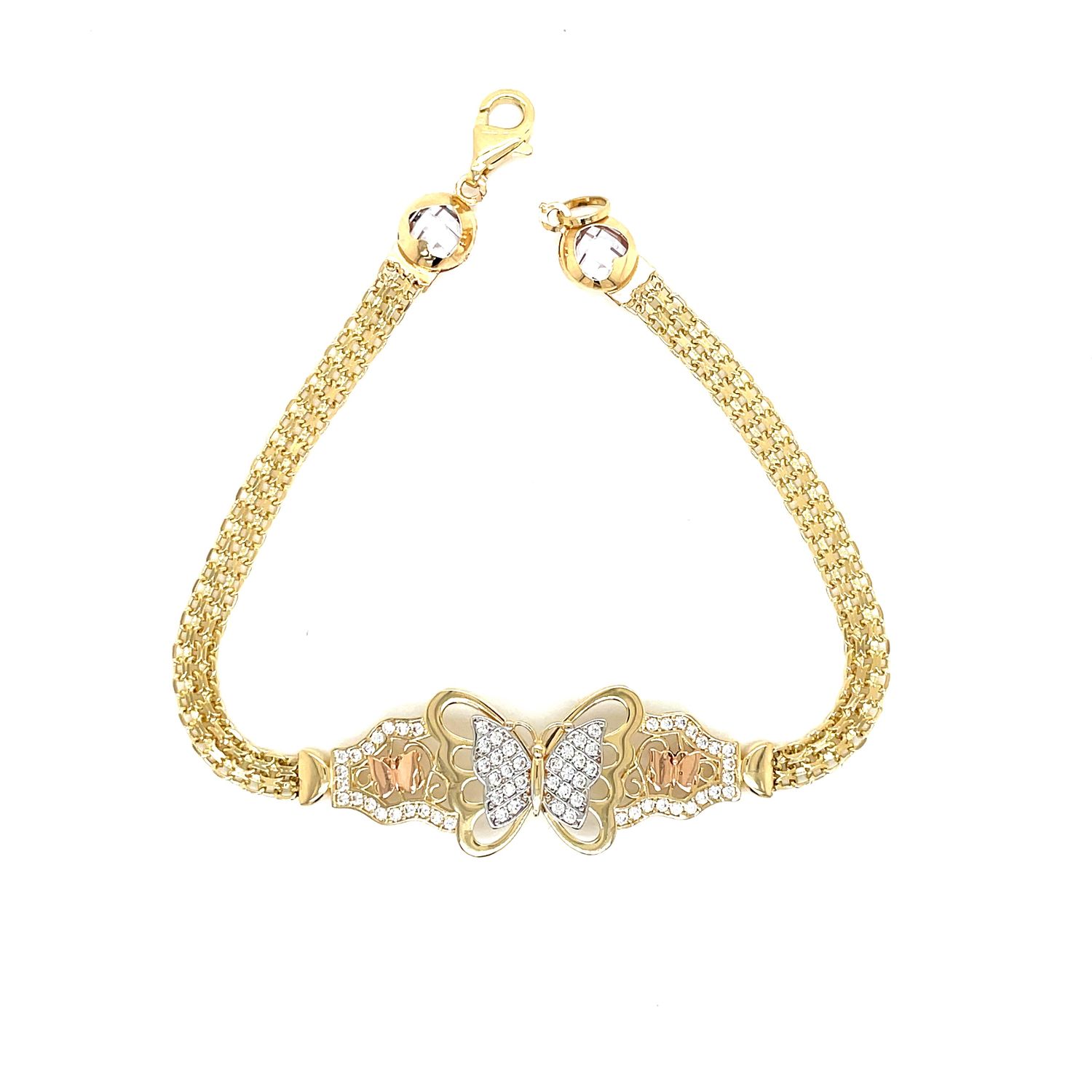 14kt Yellow Gold Women's Butterfly Bracelet with Cubic Zirconia Stone and Lobster Clasp