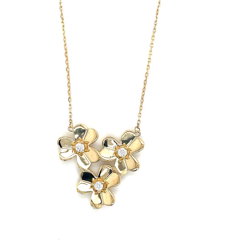 14kt Yellow Gold Women's Flower Necklace with White Cubic Zirconia Stone