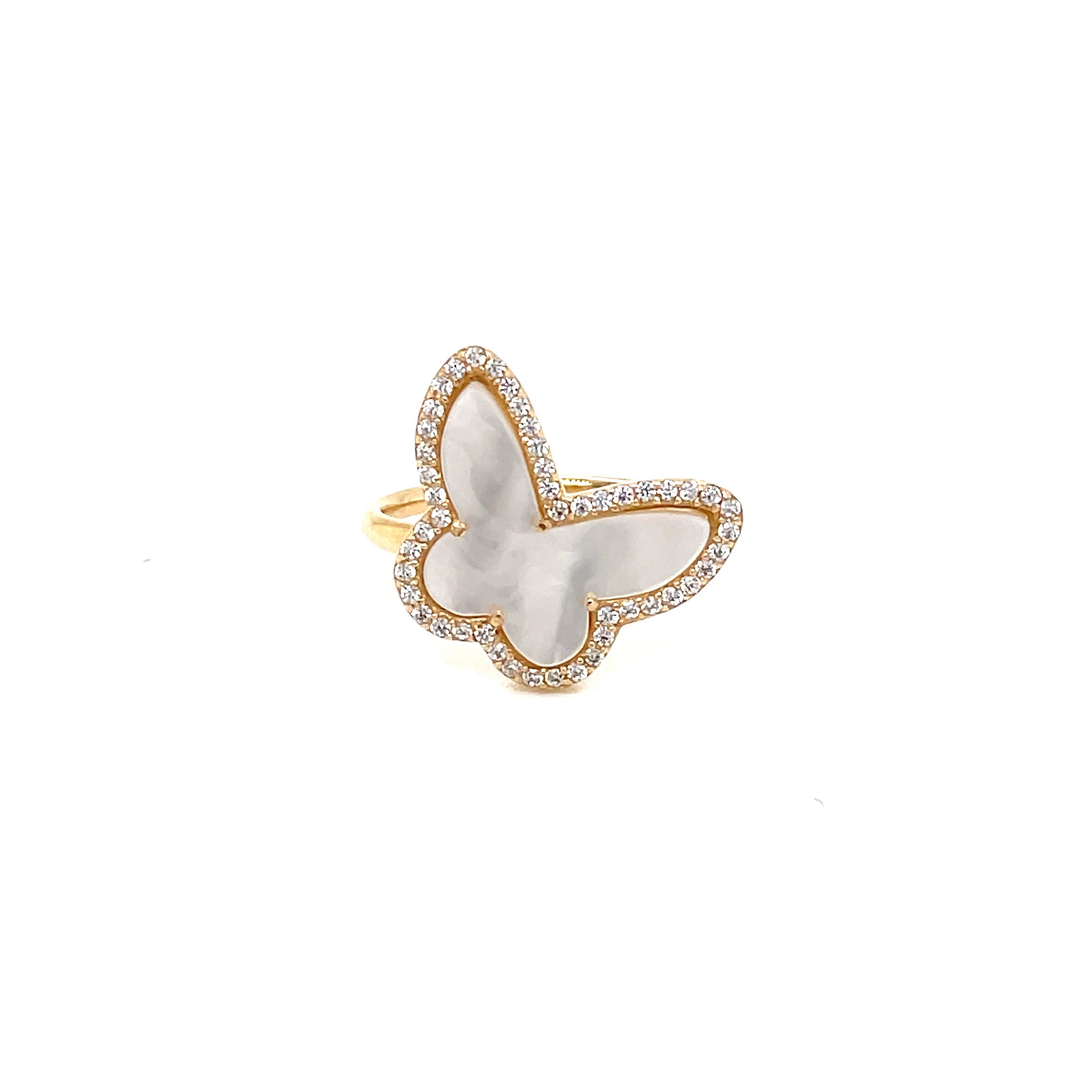 14kt Yellow Gold Women's Mother Pearl Butterfly Ring with Cubic Zirconia Stone