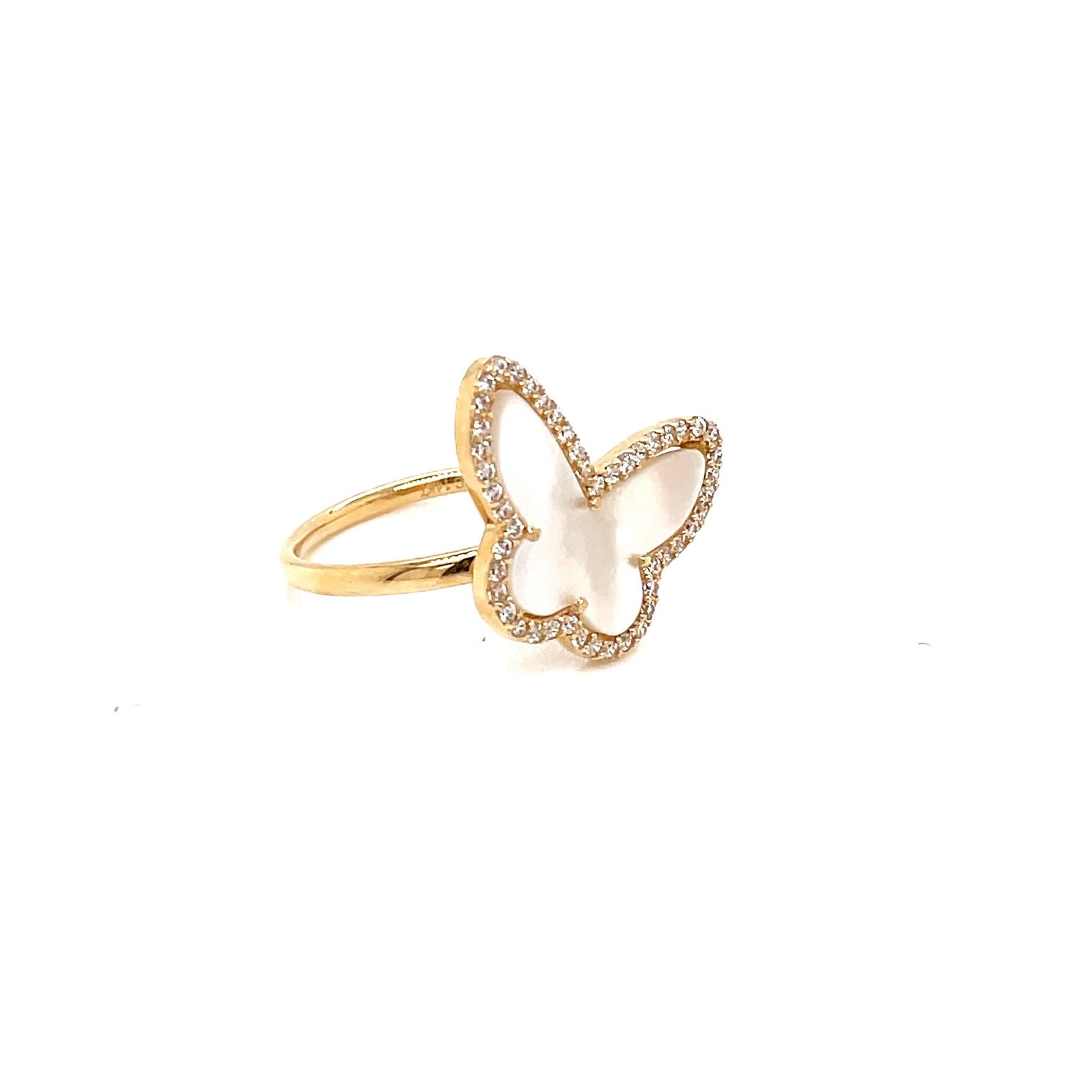 14kt Yellow Gold Women's Mother Pearl Butterfly Ring with Cubic Zirconia Stone