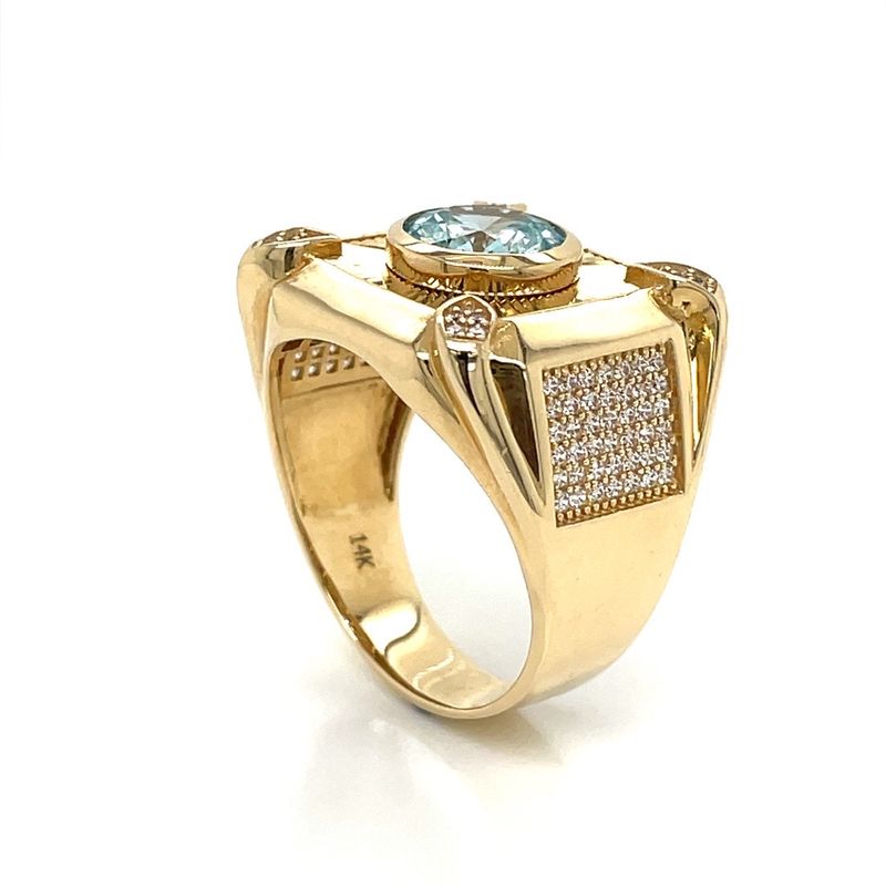 14kt Yellow Gold Men's Ring with Light Blue and White Cubic Zirconia Stone