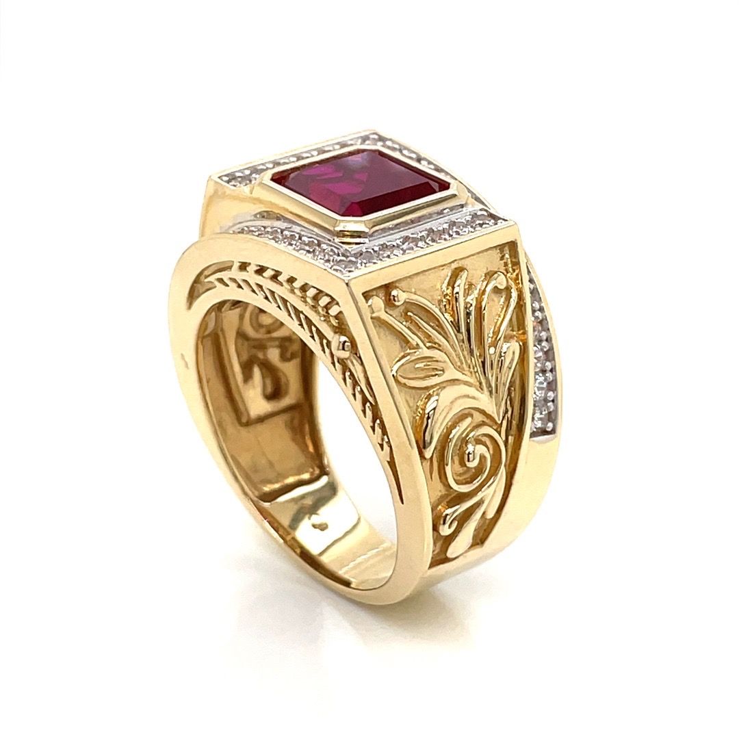 14kt Yellow Gold Men's Ring with Red and White Cubic Zirconia Stone