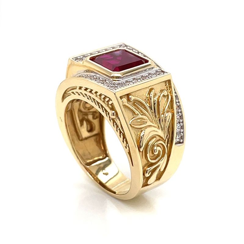 14kt Yellow Gold Men's Ring with Red and White Cubic Zirconia Stone