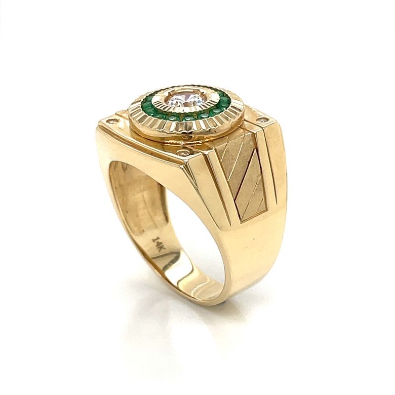 14kt Yellow Gold Men's Ring with Green and White Cubic Zirconia Stone