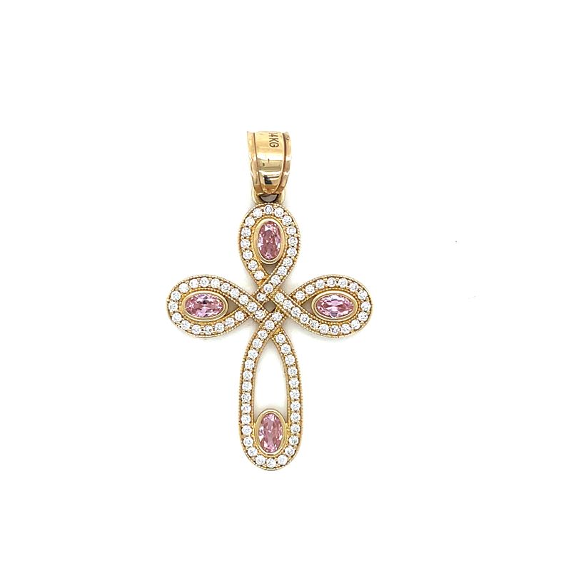 14kt Yellow Gold Women's Cross Pendant with Pink and White Cubic Zirconia Stone